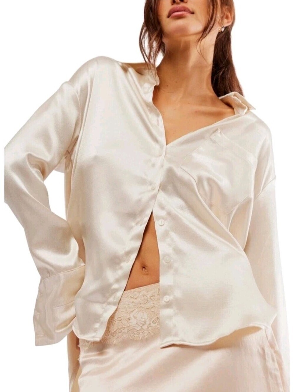 Free People Satin Button-Down Blouse Shooting For The Moon Size Small